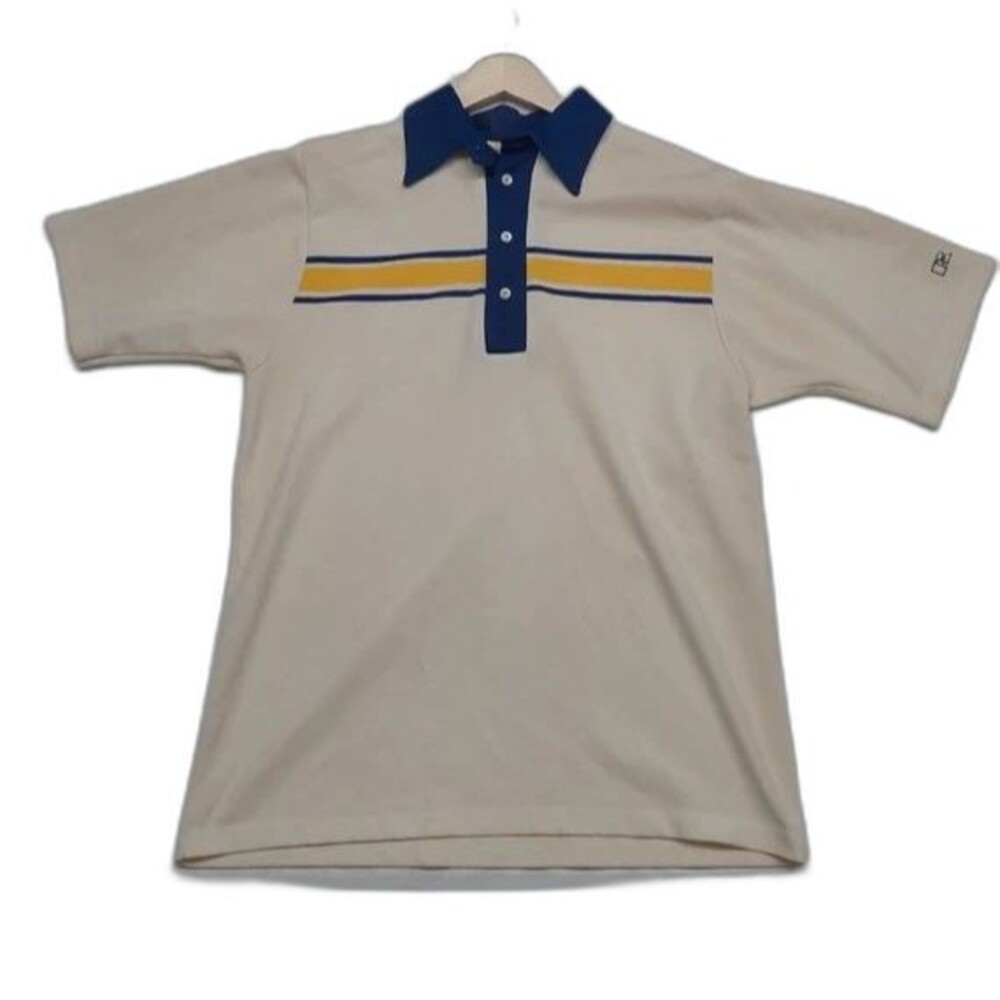 Vtg 70s Russell Athletic Striped Polo Shirt Cream Gold Made In USA